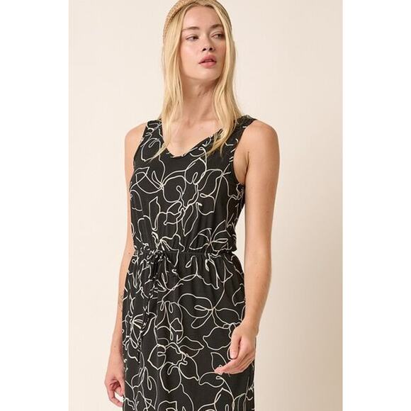 Mittoshop Side Slit Flower Print V-Neck Side Slit Sleeveless Maxi Dress | Black - Picture 7 of 7